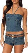 EDIKTED Jagger Denim Bustier Halter Top
