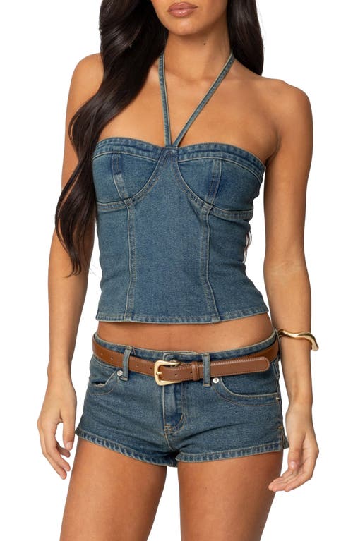 Edikted Jagger Denim Bustier Halter Top In Blue-washed
