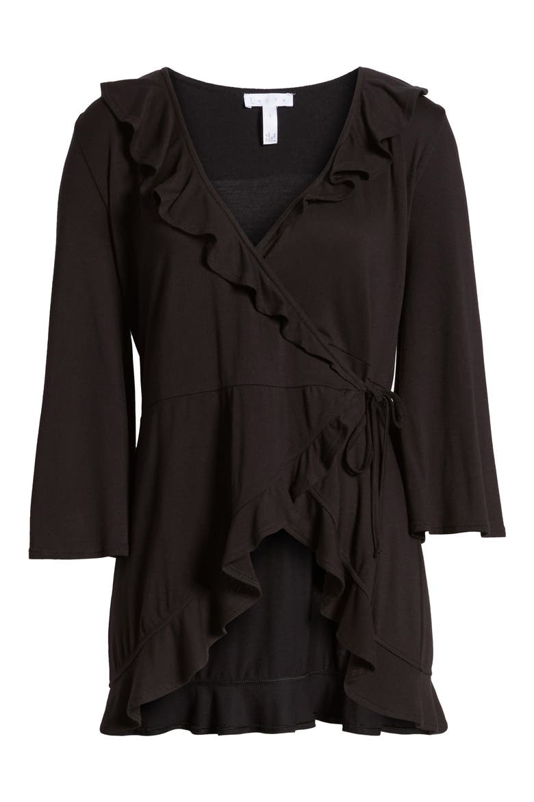 Ruffle Wrap Top, Alternate, color, BLACK