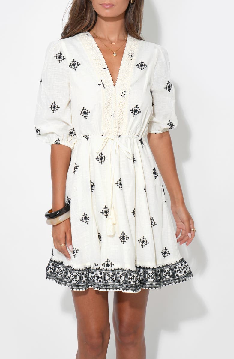 Adelyn Rae Soraya Embroidered Cotton Minidress, Alternate, color, Ivory/ Black