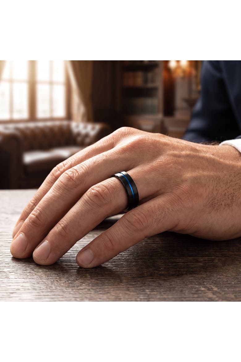 Men's Black & Blue Inlay Tungsten Ring Brushed Ring 8mm Wedding Band, Alternate, color, Tungsten