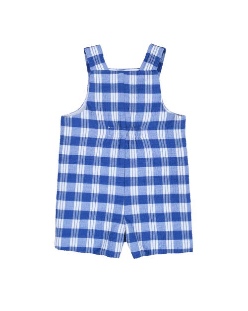 Florence Eiseman Plaid Seersucker Shortall With Front Pocket In Blue
