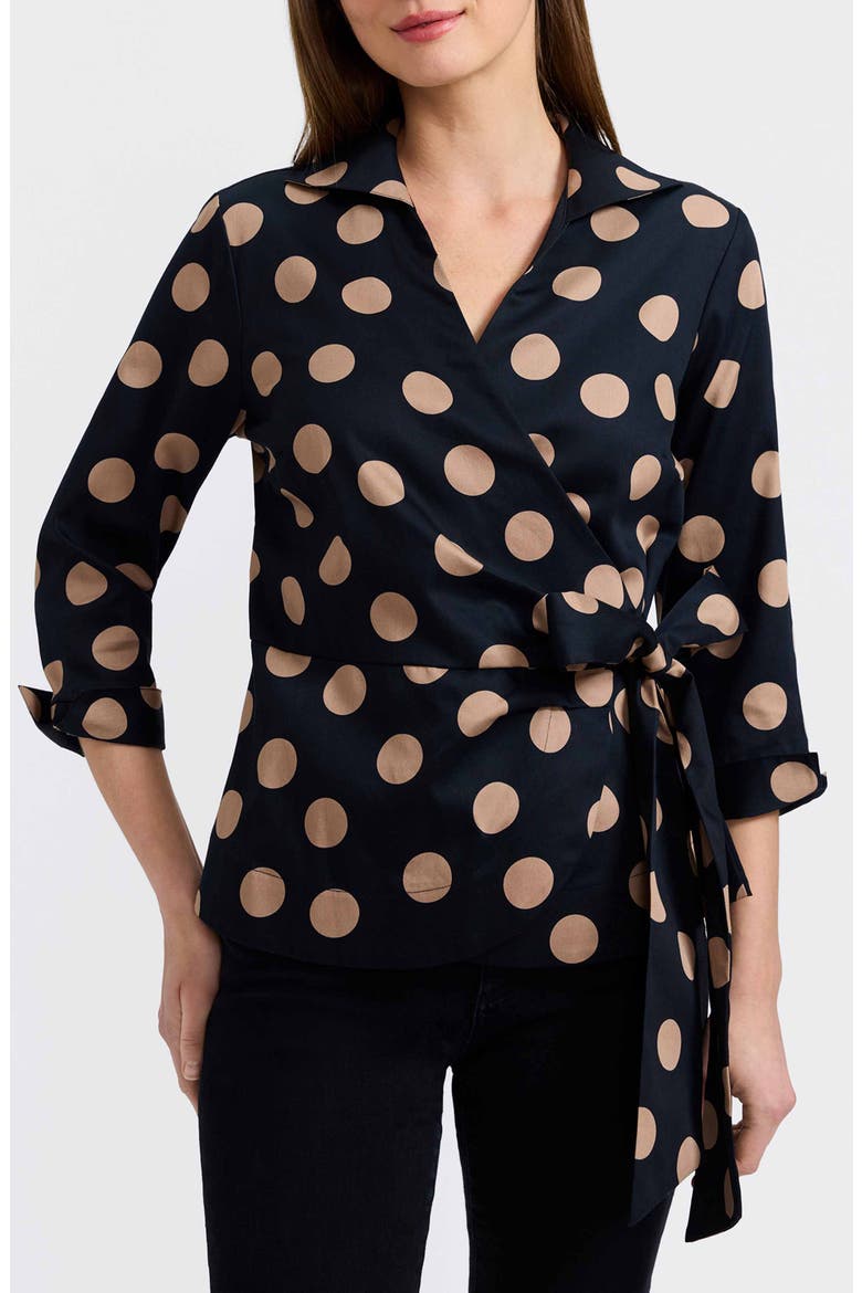 Salina Polka Dot Cotton Wrap Shirt, Main, color, BLACK/ ALMOND