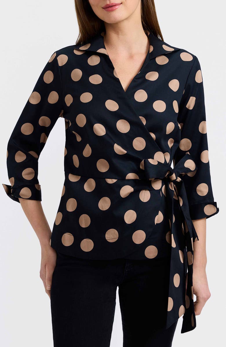 Foxcroft Salina Polka Dot Cotton Wrap Shirt, Main, color, Black/ Almond