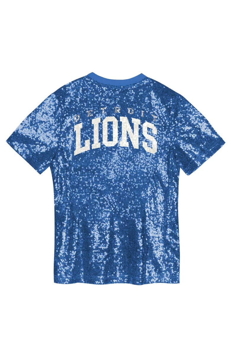 Outerstuff Girls Youth Blue Detroit Lions Wordmark Sequin V-Neck Top, Alternate, color, 