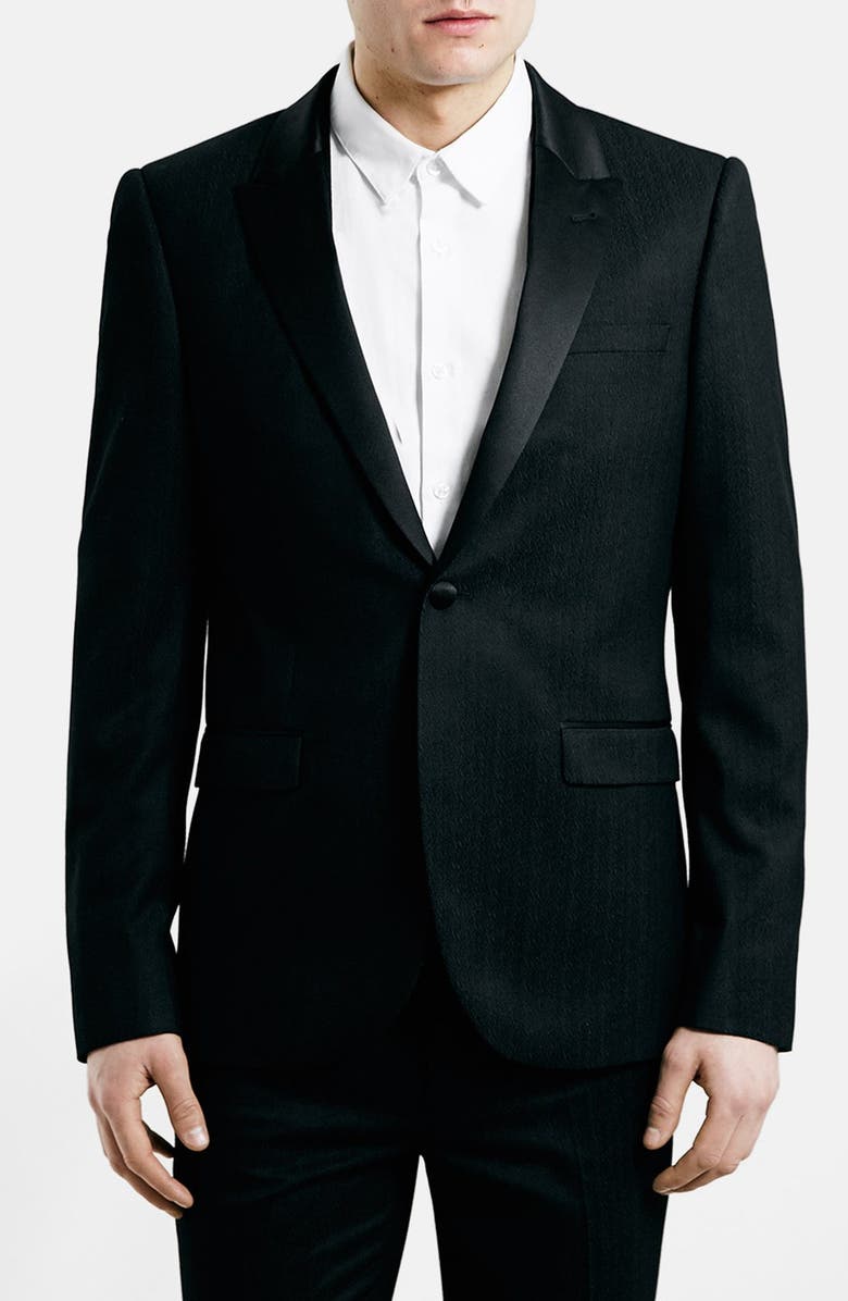 Topman Black Textured Skinny Fit Tuxedo Jacket, Main, color,