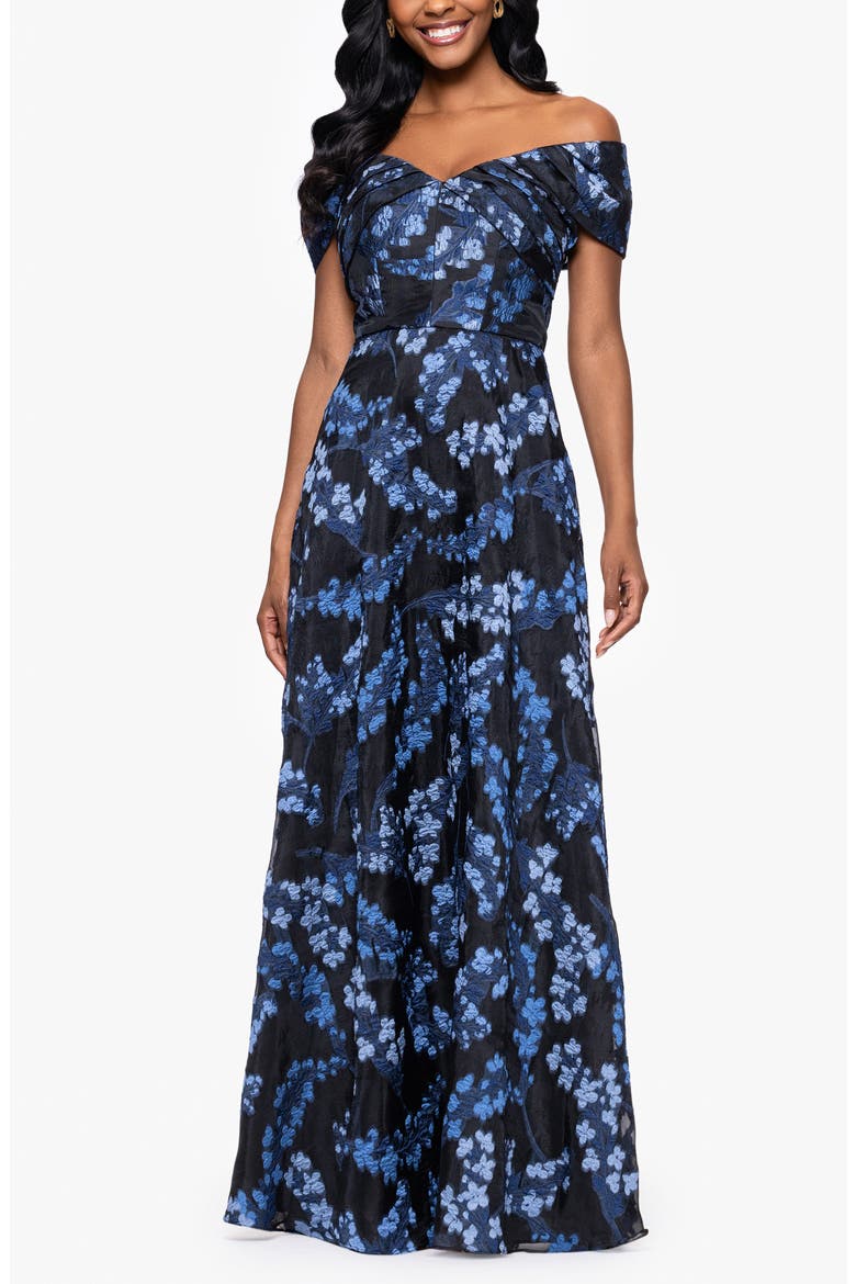 Embroidered Floral Off the Shoulder Gown, Main, color, BLUE/ MULTI