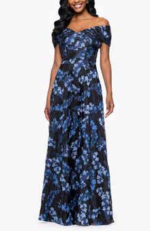 Betsy & Adam Embroidered Floral Off the Shoulder Gown