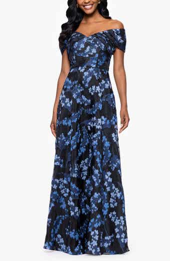 Betsy & Adam Embroidered Floral Off the Shoulder Gown
