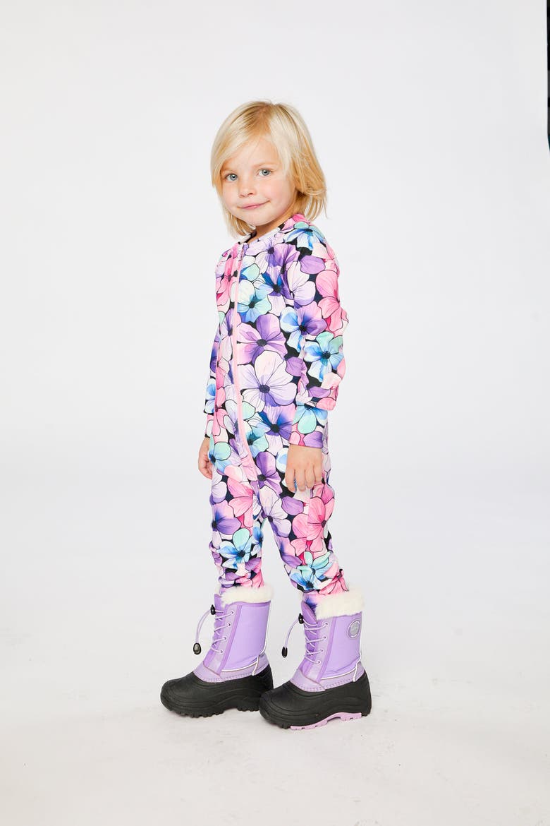 One Piece Floral Stretch Fleece Asymmetric Zip Thermal Underwear, Alternate, color, Purple Floral Print