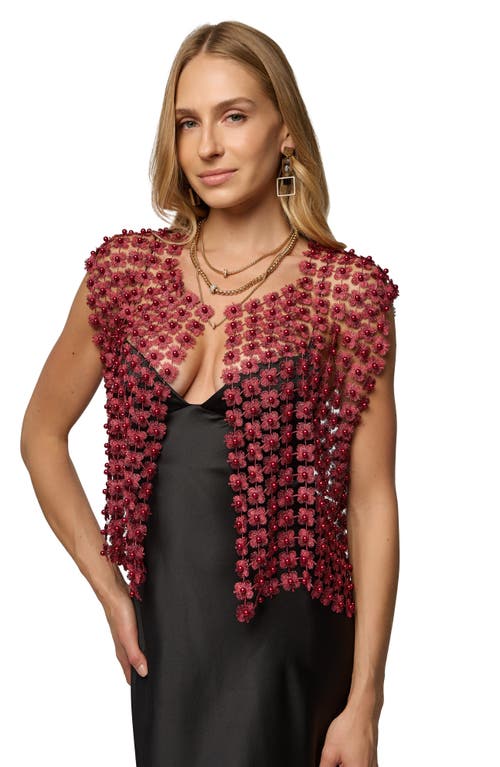 Saachi Pearly Beaded Floral Lace Top In Burgundy