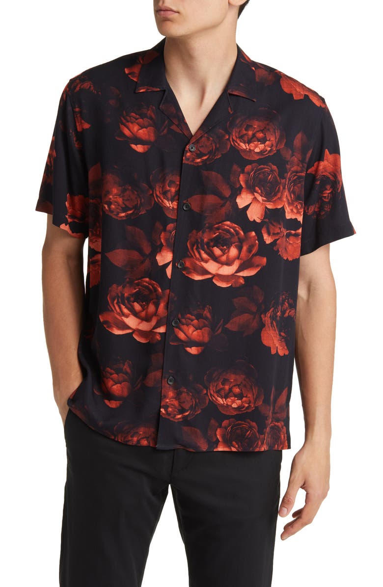 Open Edit Dark Roses Floral Short Sleeve Button-Up Camp Shirt, Main, color, 