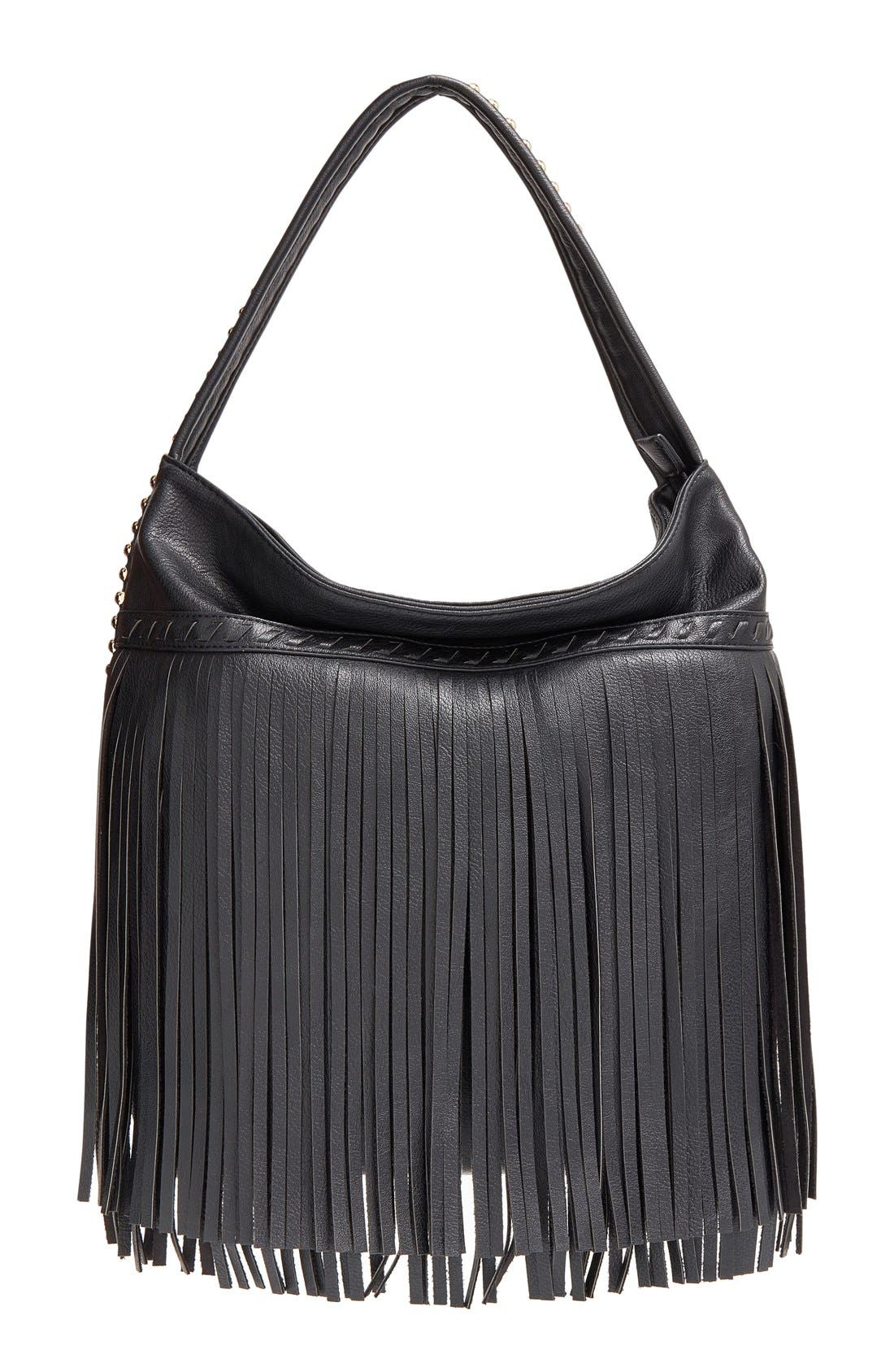 'JGiada' Fringe Faux Leather Ball Hobo, Main, color, BLACK