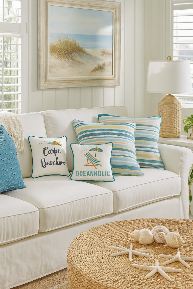 "Oceanholic" Beach Chair & Umbrella Embroidered Mini Cotton Blend Accent Pillow 10" x 10", Alternate, color, Blue