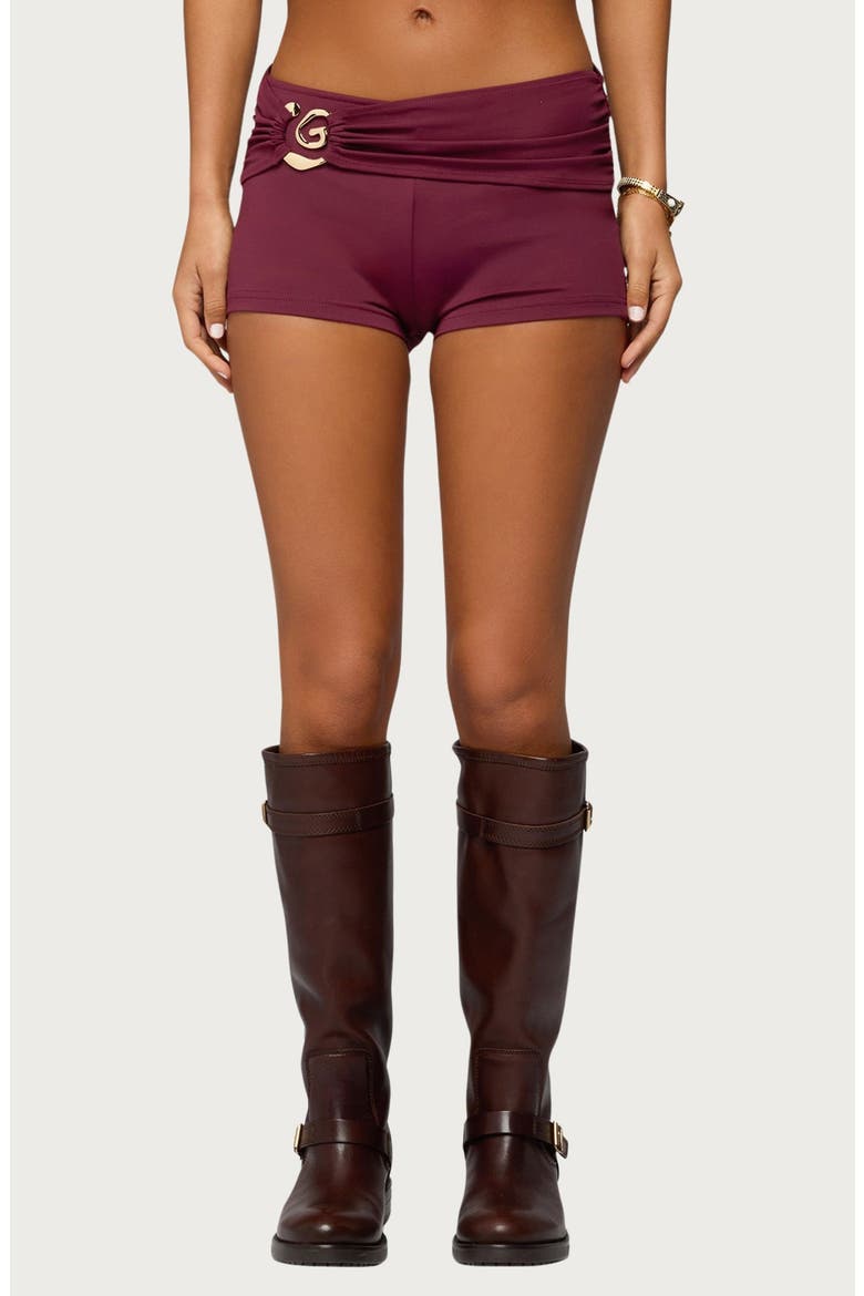 Rusana Swirl Ruched Micro Shorts, Main, color, BURGUNDY