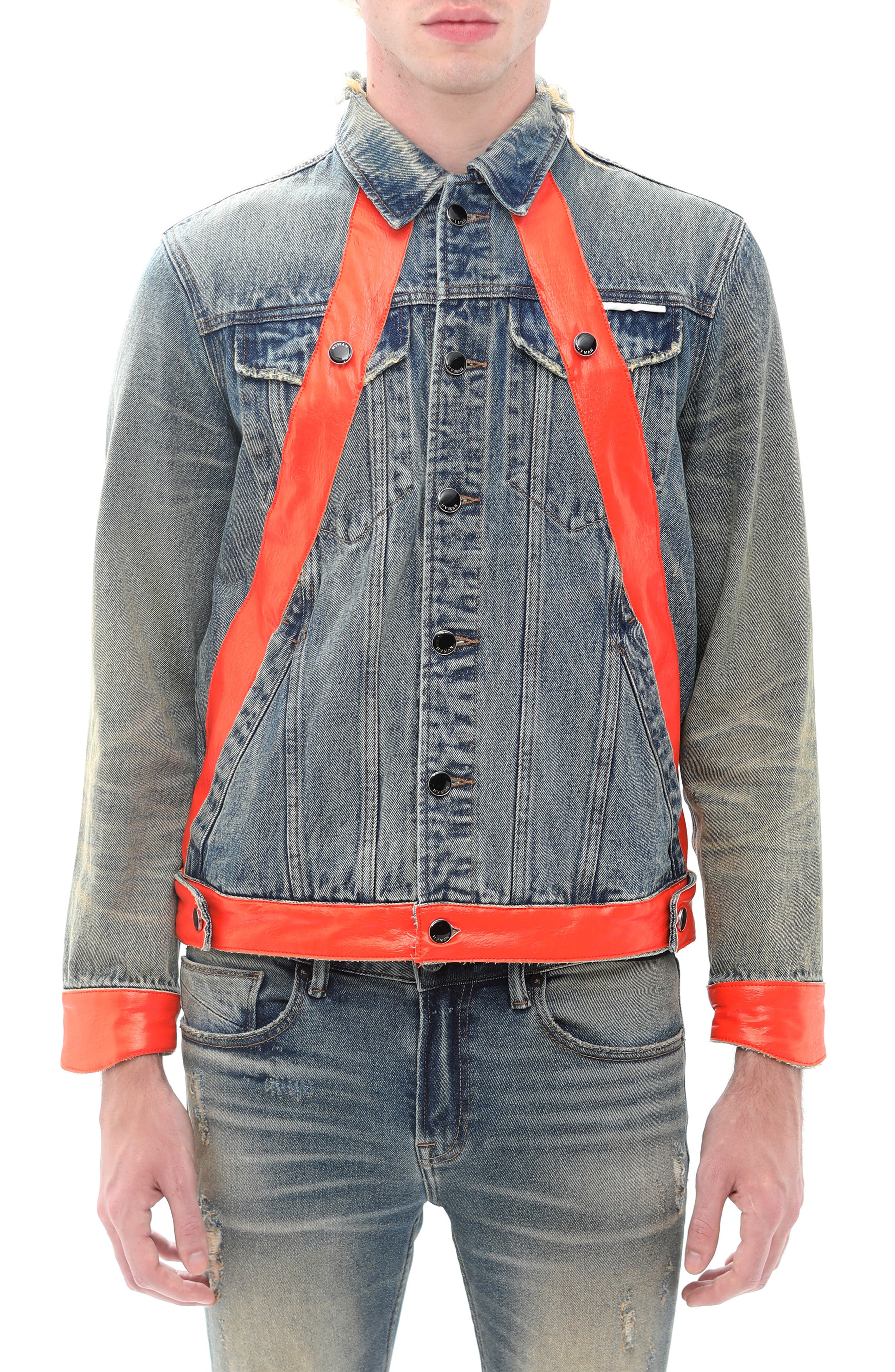 HVMAN Leather Detail Cotton Denim Trucker Jacket