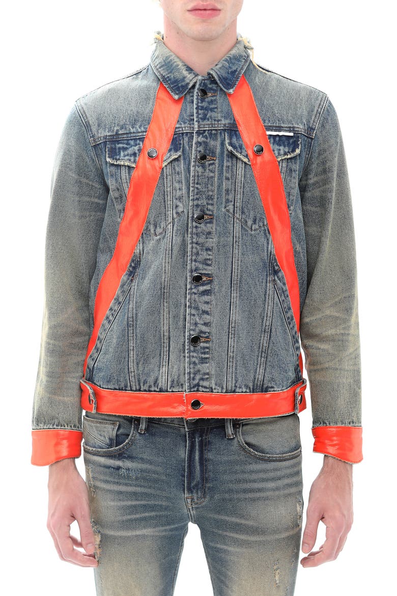 Leather Detail Cotton Denim Trucker Jacket, Main, color, ASPEN