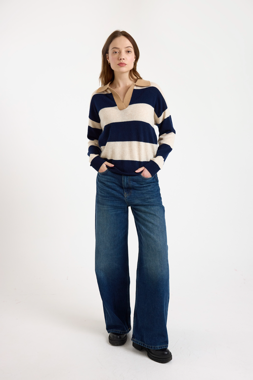 Brodie Pure Cashmere Ruby Rugby Long Sleeve Polo Jumper In Blue