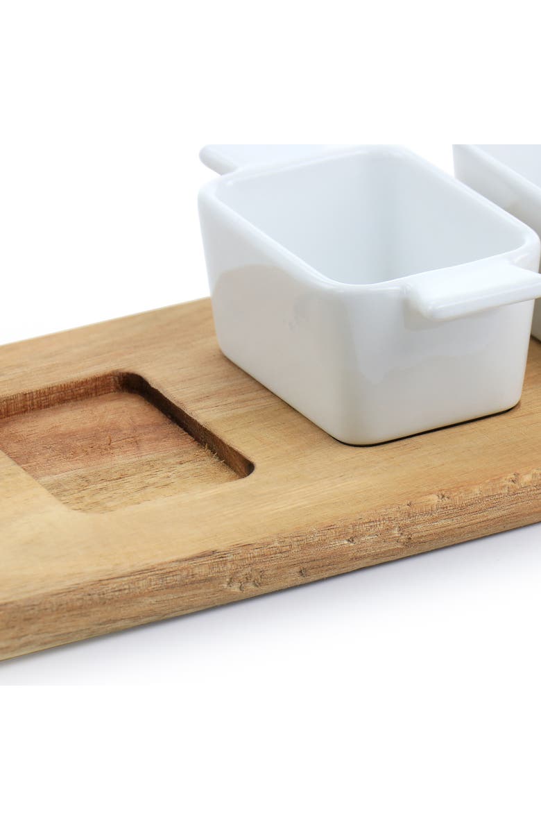 Gibson Elite Gracious Dining 5 Piece Fine Ceramic Tidbit Dish Set with Acacia Wood Base, Alternate, color, White