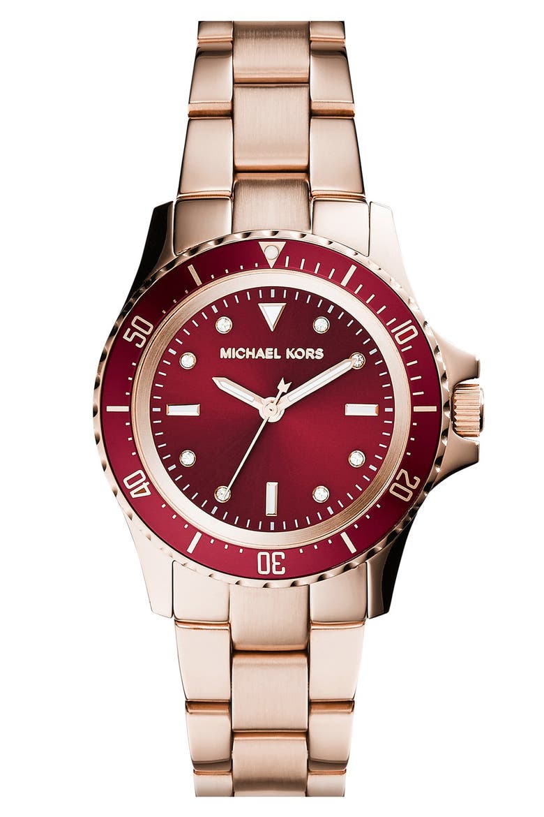 Michael Kors 'Tatum' Crystal Index Bracelet Watch, 33mm, Main, color, ROSE GOLD/ RED