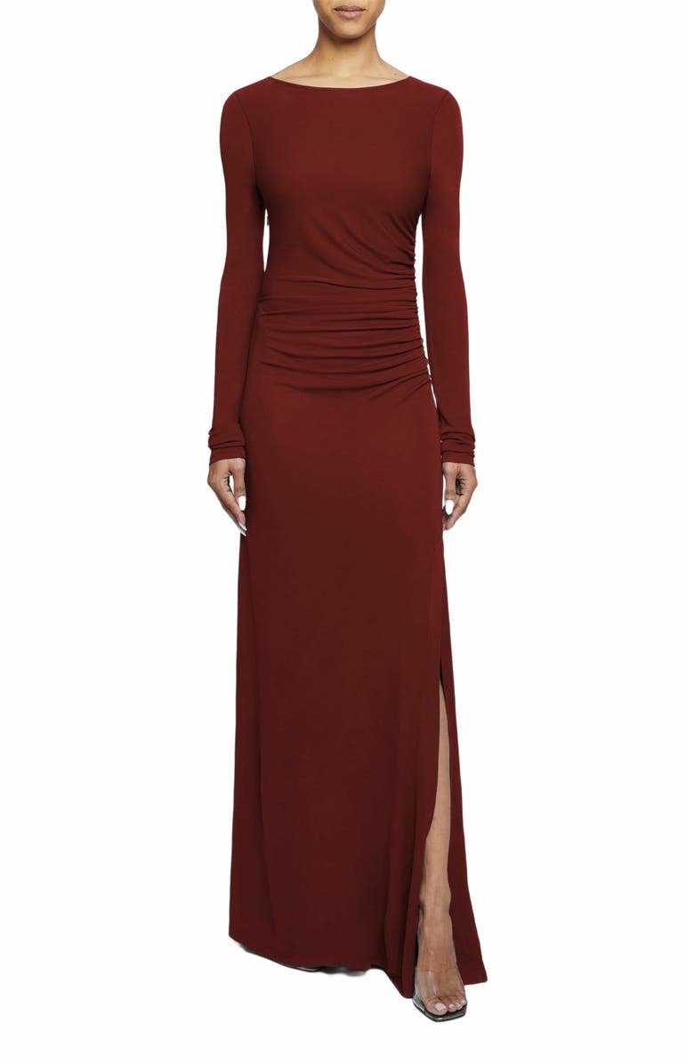 Santorelli ABBY Long Sleeve Maxi Dress with Side Ruching in Fluid Jersey, Main, color, Carmine Red