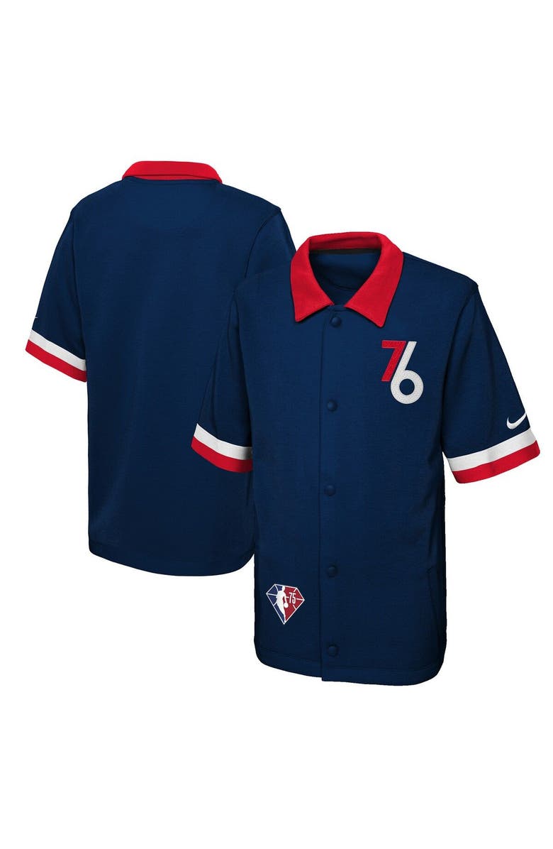 Nike Youth Nike Navy Philadelphia 76ers 2021/22 City Edition Therma Flex Short Sleeve Collar Jacket, Main, color, 