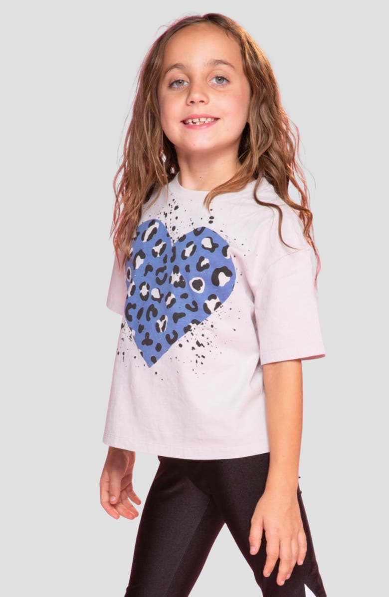 PixieLane Kids' Washed Drop Shoulder Cheetah Heart Graphic T-Shirt, Alternate, color, Cream Denim Leopard Heart