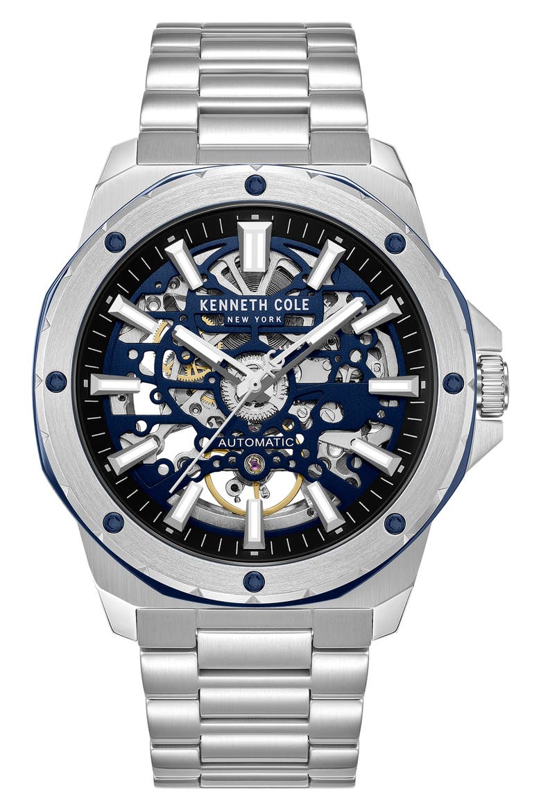 The Hollis Skeleton Automatic Bracelet Watch, 45mm, Main, color, SILVER