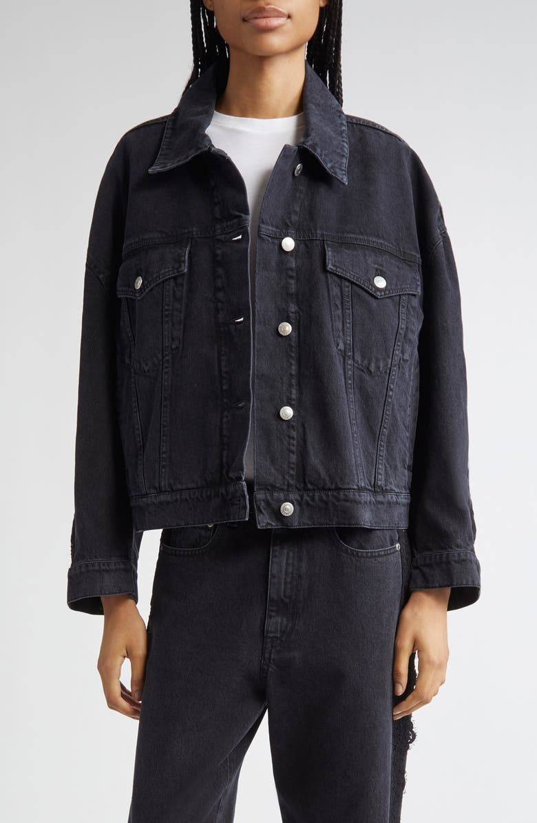 Stella McCartney Lace Trim Denim Trucker Jacket, Main, color, 1003 - Black/ Black