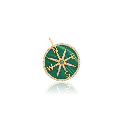 Malachite and Diamond Halo Compass Charm