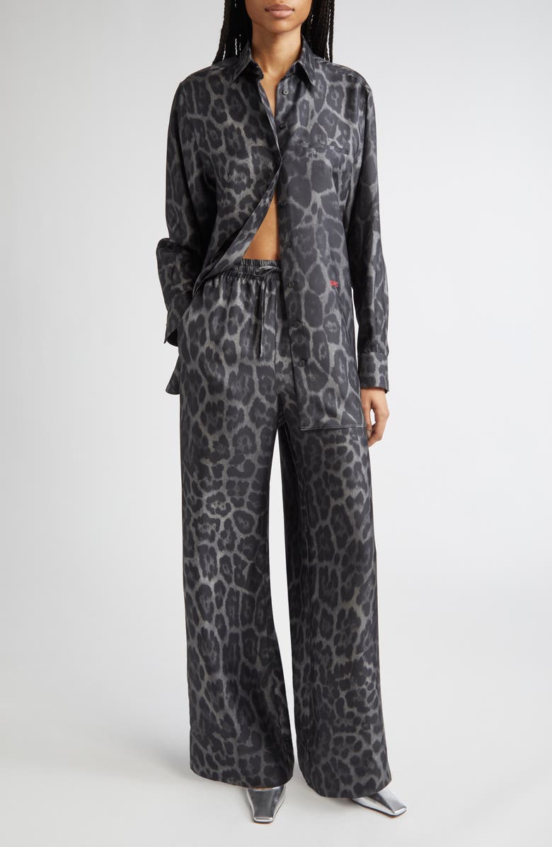 Stella McCartney Leopard Print Silk Button-Up Shirt, Alternate, color, Ash Grey
