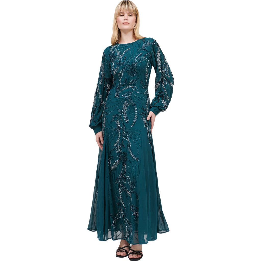 MARYISA Modest Embellished Sequin Beaded Maxi Dress With Cuff Sleeves in Emerald Green  product