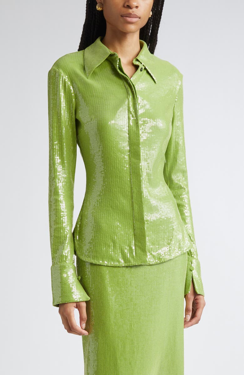Oscar de la Renta Sequin Jersey Button-Up Shirt, Main, color, Fern