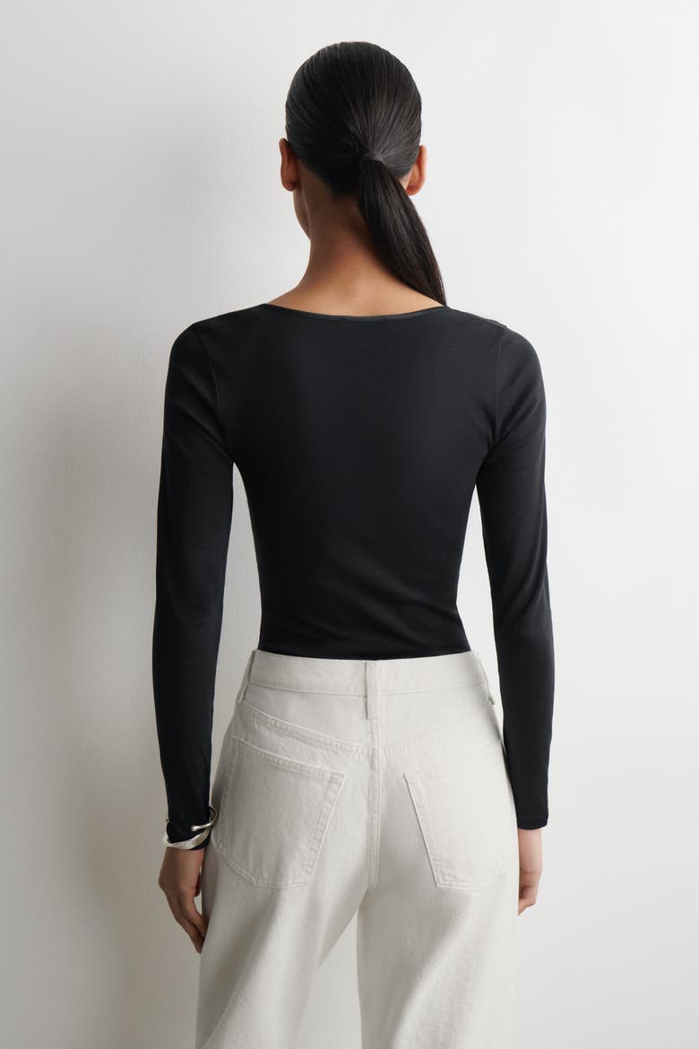 Satin-Trimmed Cotton Jersey Long-Sleeved Top, Alternate, color, BLACK