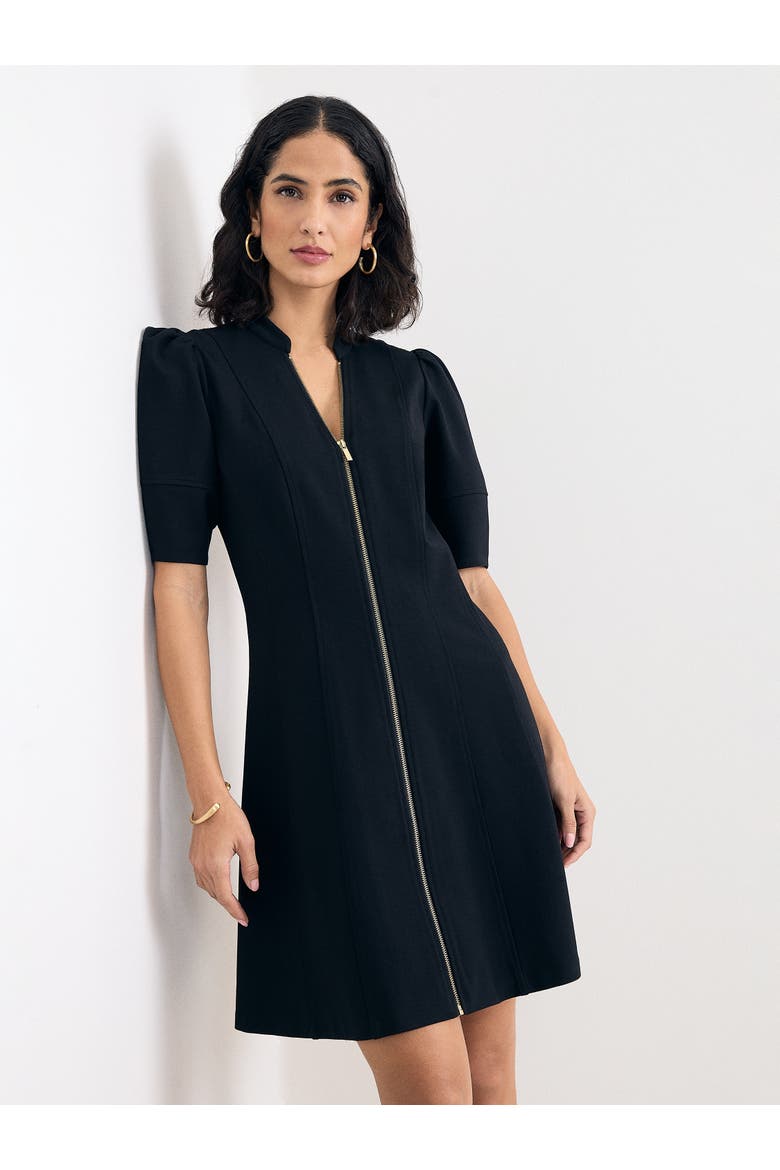 Alima Ponte Zip A-Line Dress, Alternate, color, Black
