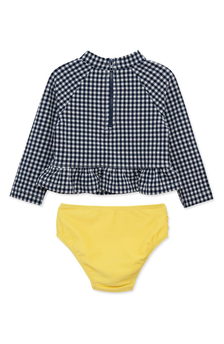 Little Me Gingham Daisy UPF 50+ Rashguard Top & Bikini Bottoms Set, Alternate, color, Blue