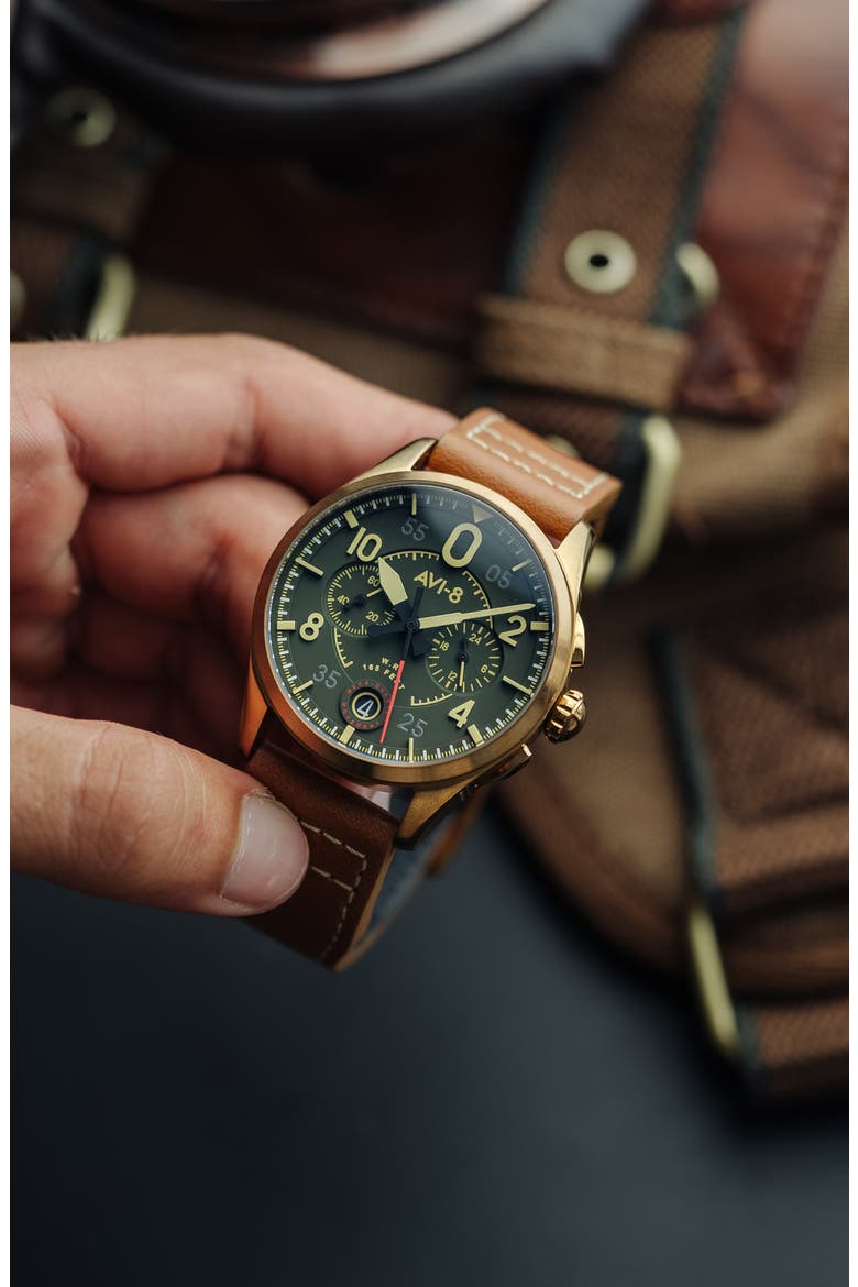 Spitfire Lock Green Dial Chronograph Leather Strap Watch, 42mm, Alternate, color, GREEN