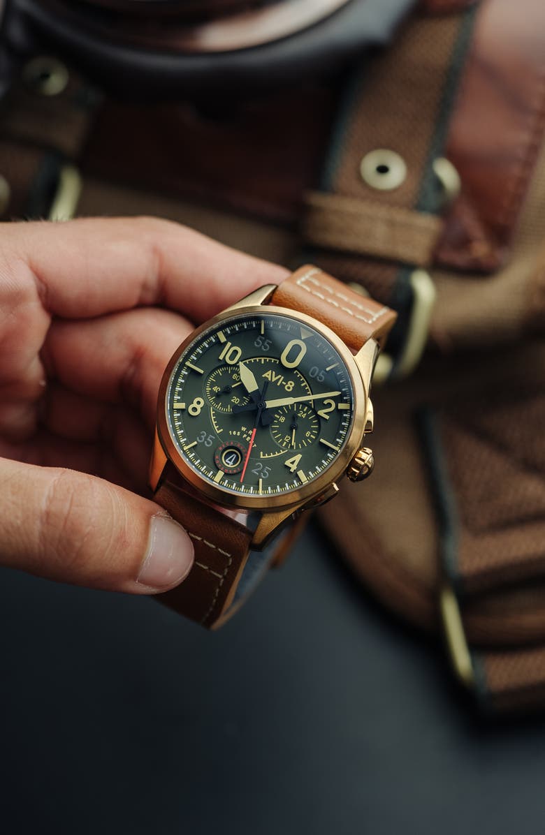 AVI-8 Spitfire Lock Green Dial Chronograph Leather Strap Watch, 42mm, Alternate, color, Green