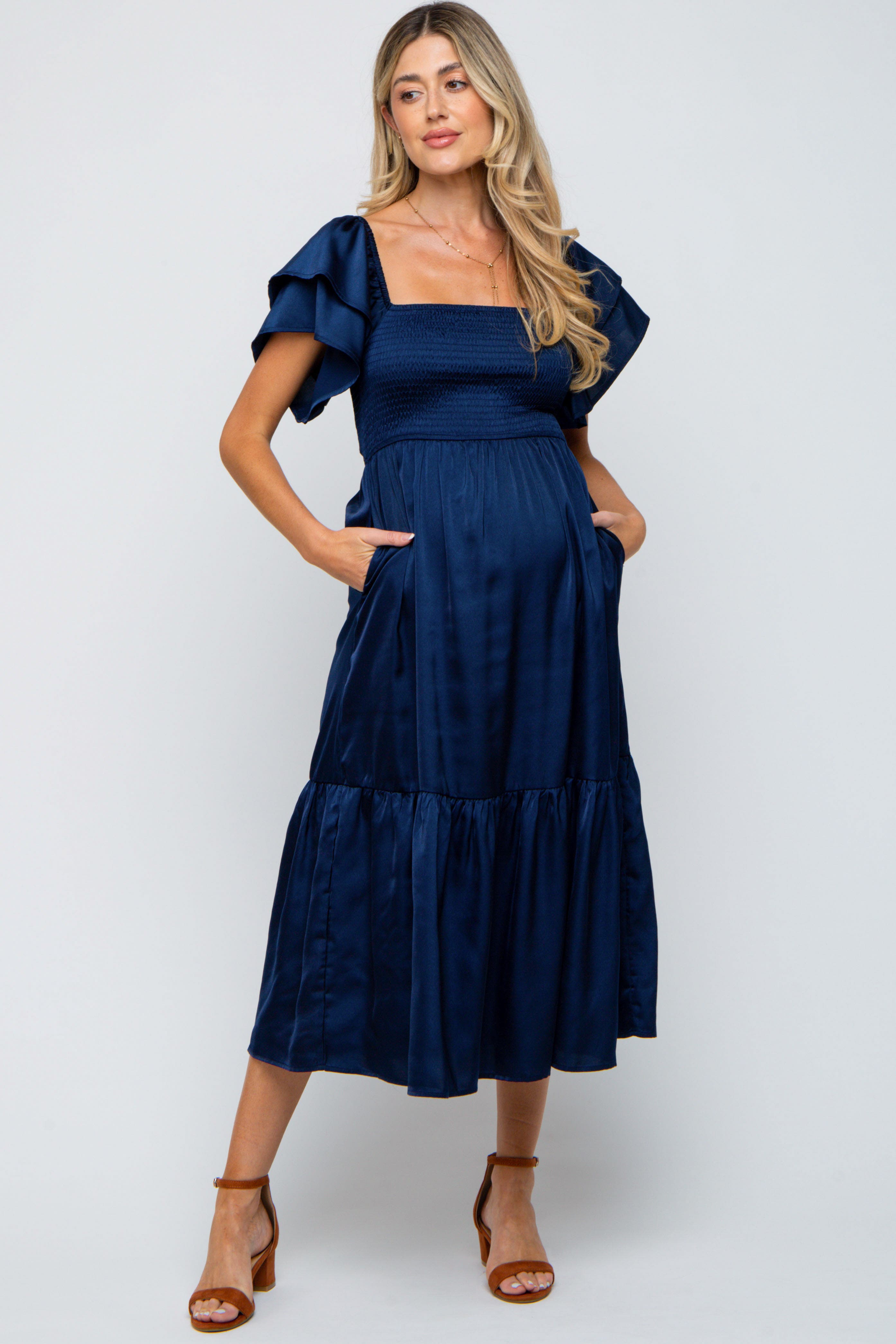 Satin Flutter Sleeve Midi Dress - image 3