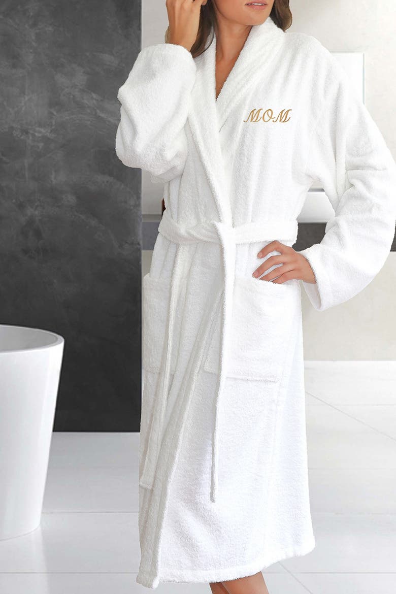 Embroidered 'Mom' White Terry Bathrobe, Alternate, color, WHITE