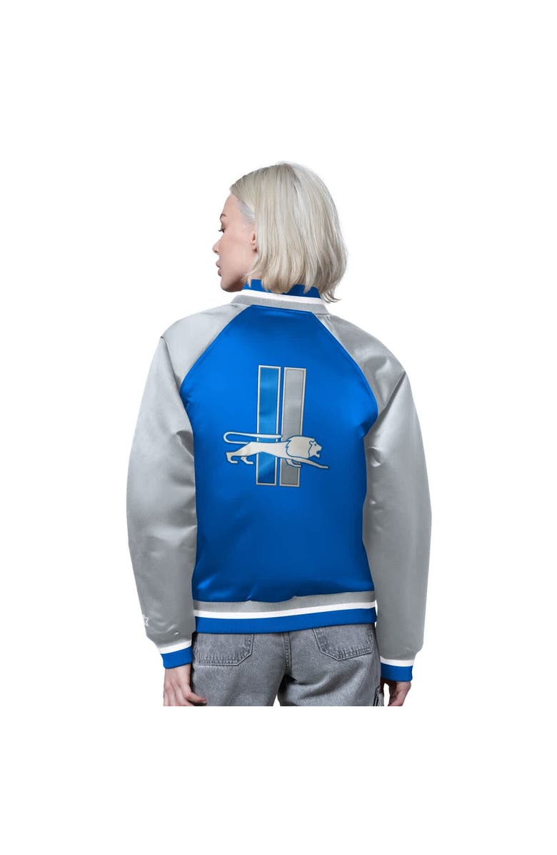 STARTER Women's Starter Blue/Silver Detroit Lions Satin Full-Snap Vintage Varsity Jacket, Alternate, color, Blue