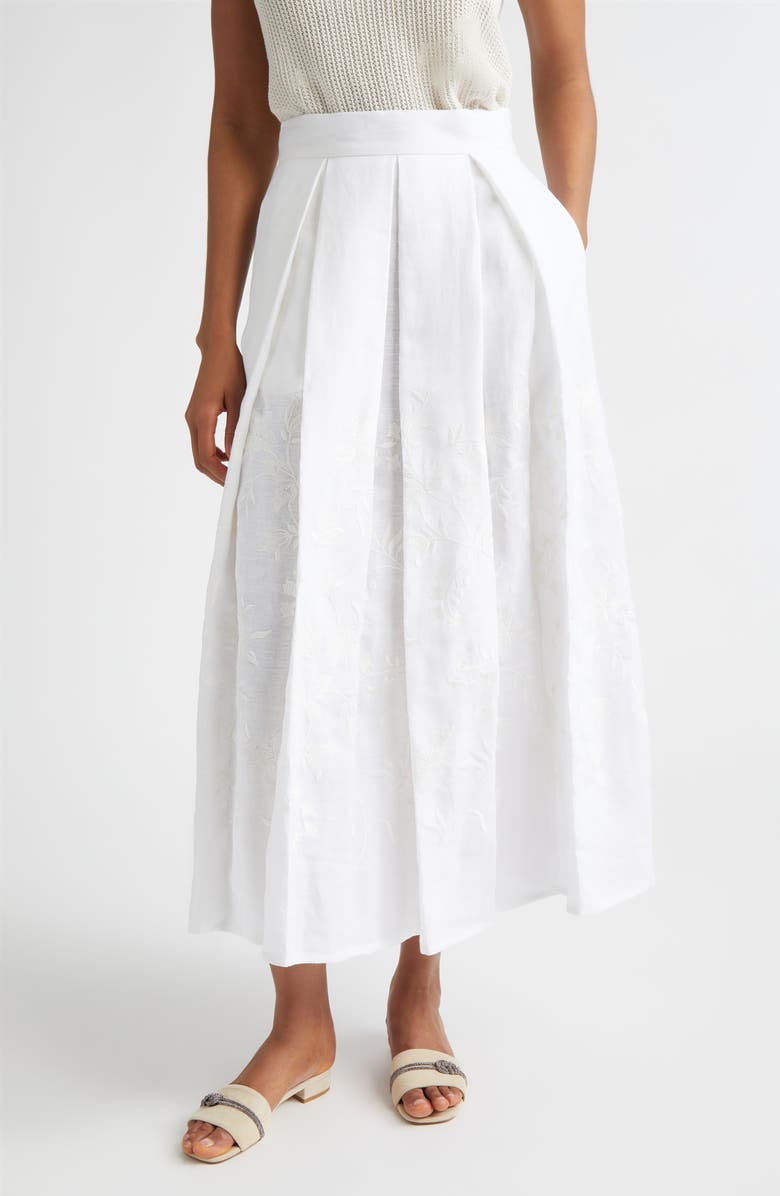 Eleventy Floral Embroidered Linen Skirt, Main, color, 01 White