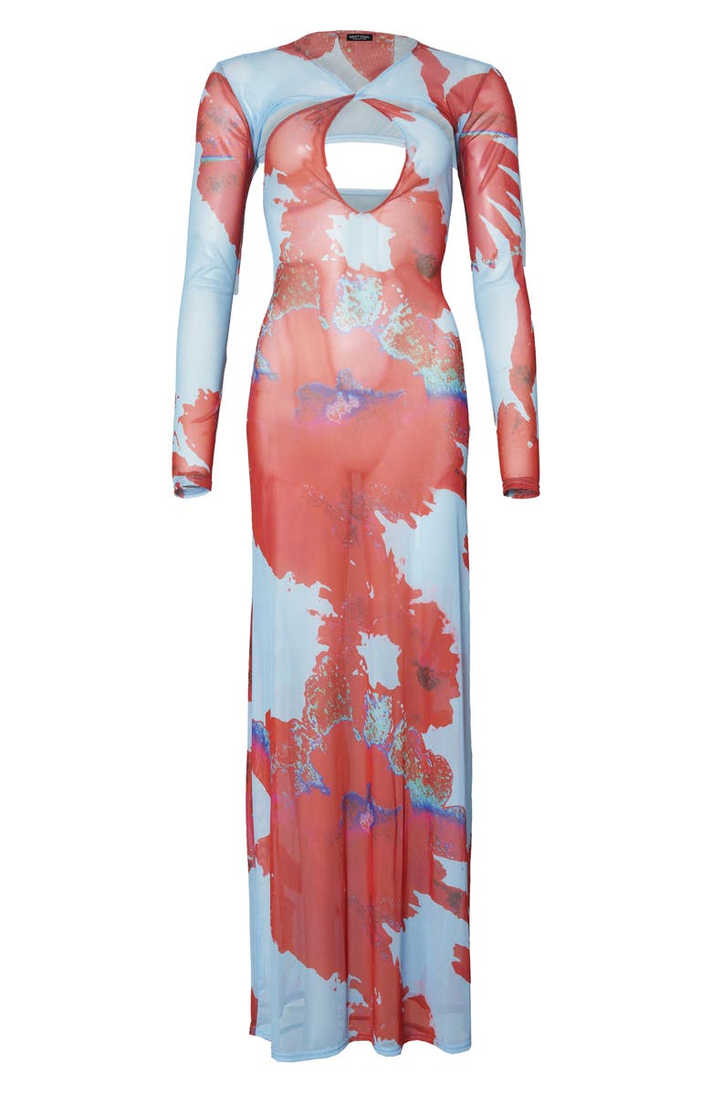 NASTY GAL Cutout Sheer Long Sleeve Maxi Dress, Alternate, color, Blue