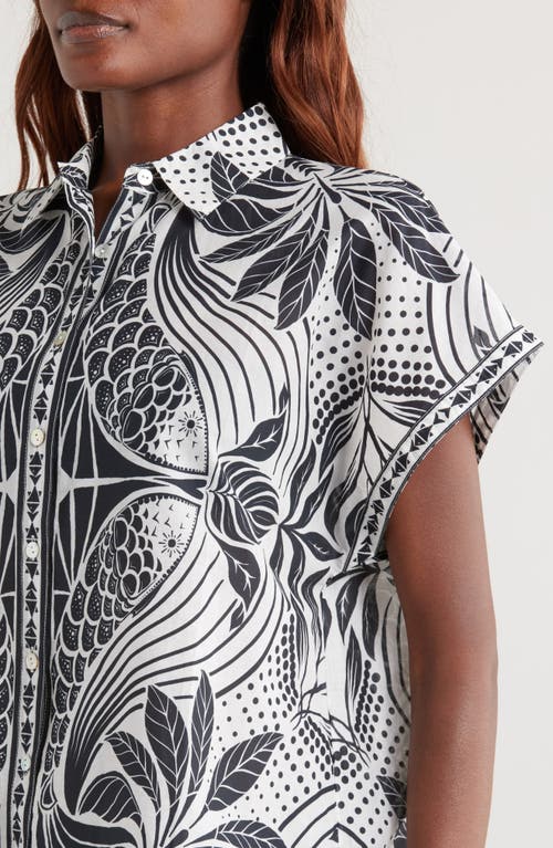 Farm Rio Monochrome Elegance Scarf Cover-up Shirt In Off-white