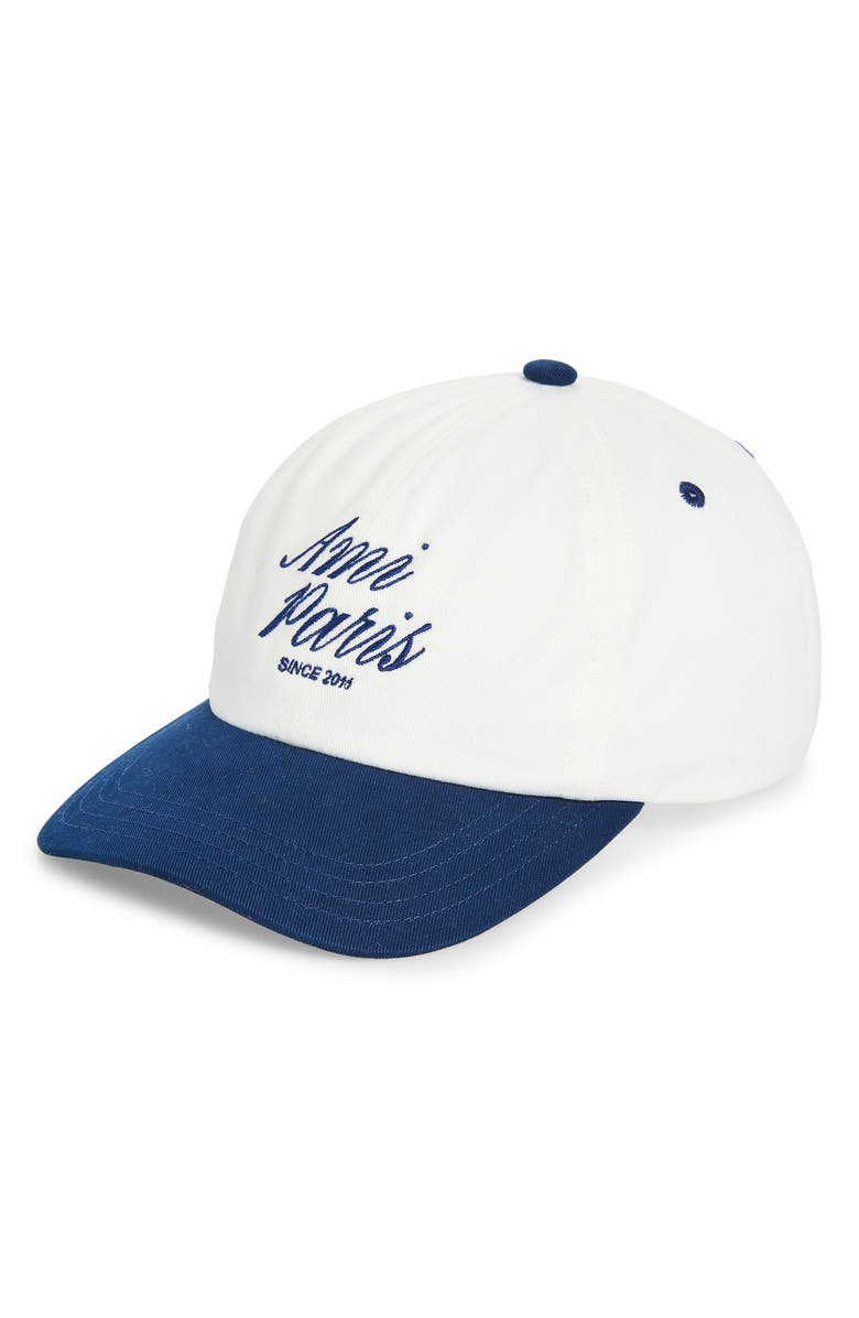AMI PARIS Bicolor Logo Embroidered Adjustable Baseball Cap, Main, color, Encre/ Blanc Creme