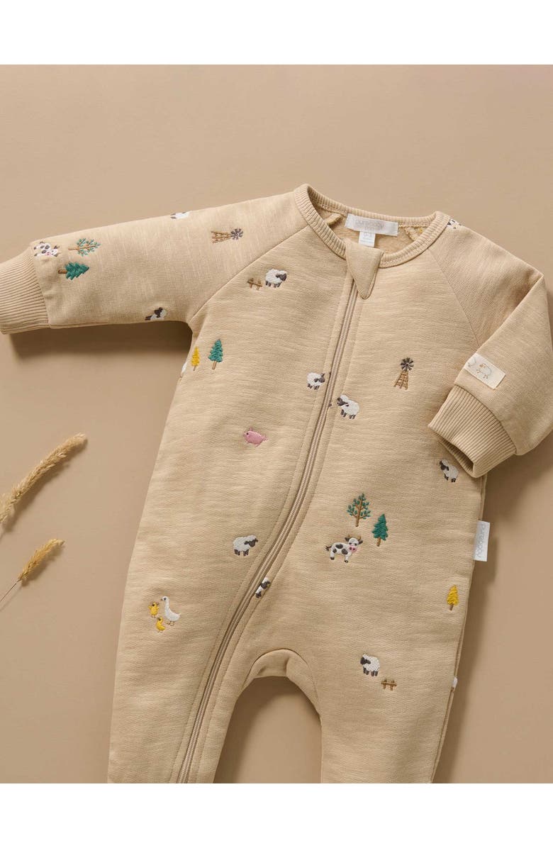 Purebaby Embroidered Fleece Footie, Alternate, color, Farm Friends Broderie