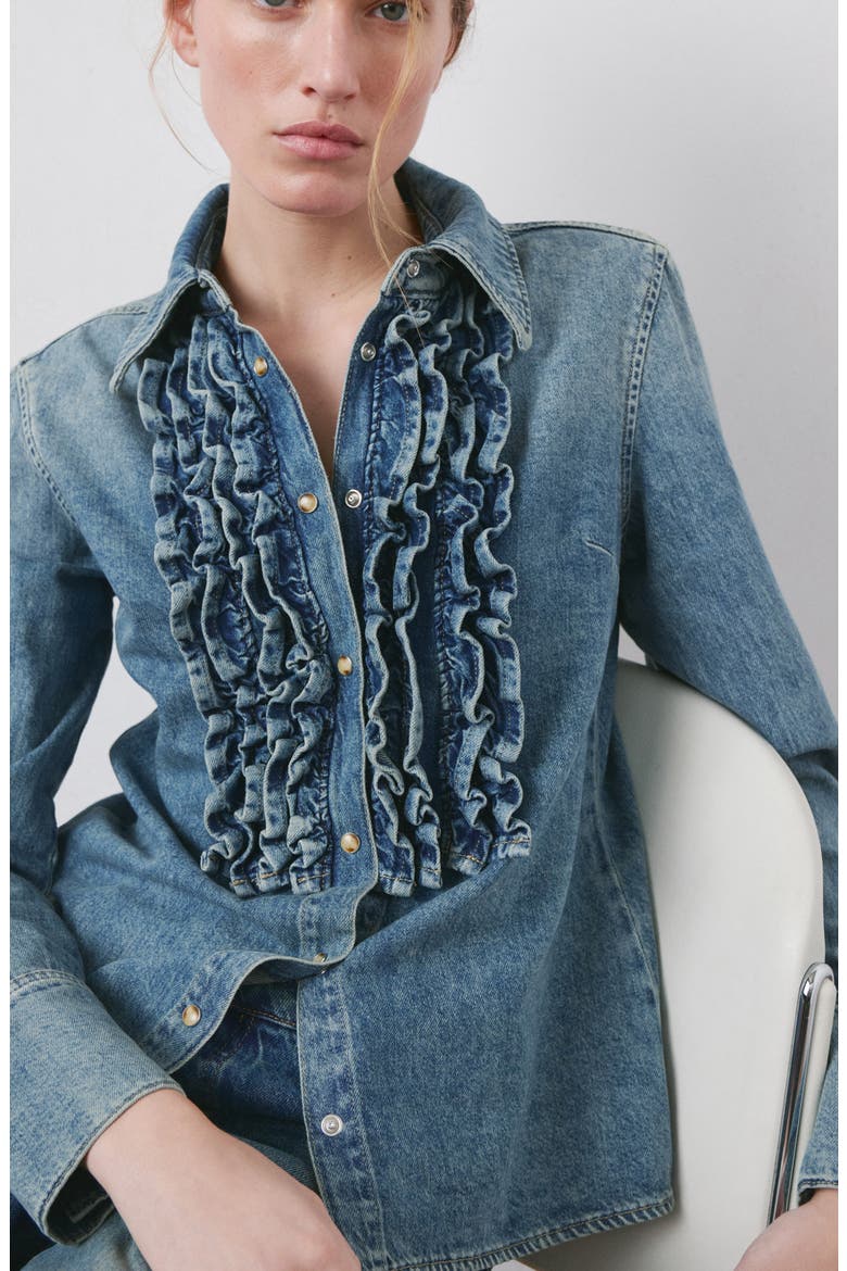 Ruffle Denim Shirt, Alternate, color, MEDIUM BLUE