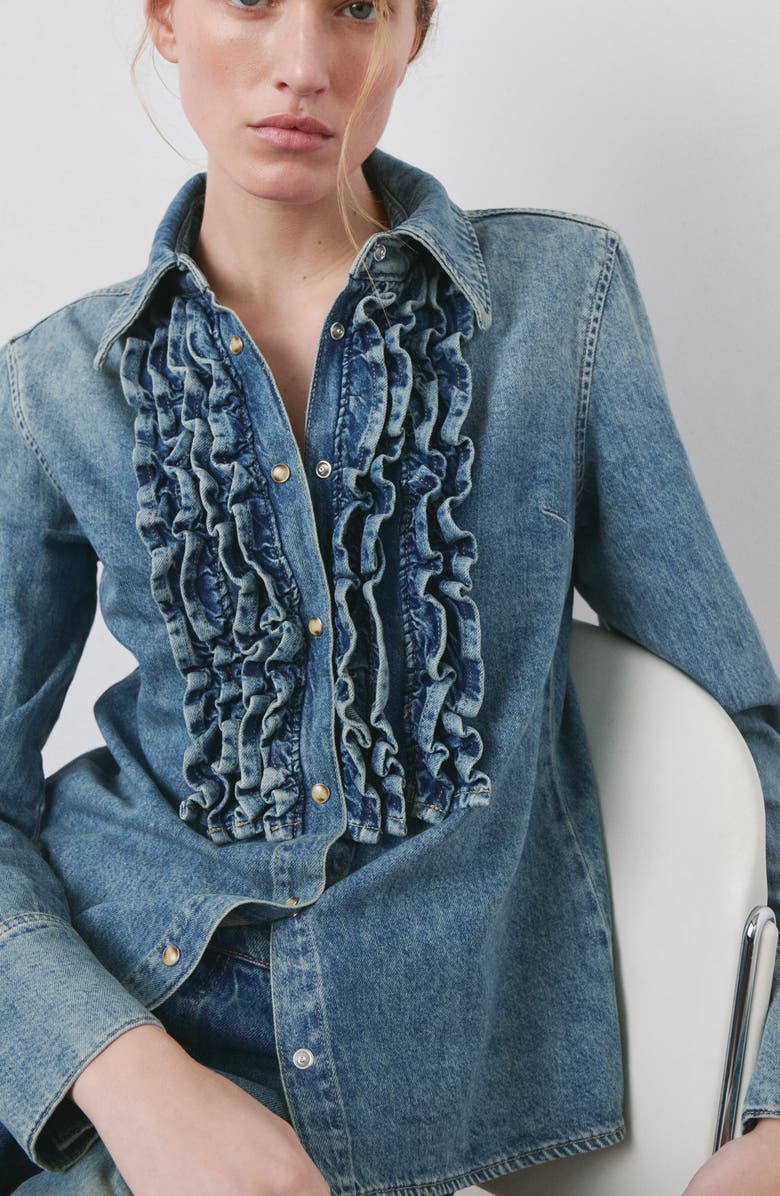 MANGO Ruffle Denim Shirt, Alternate, color, Medium Blue