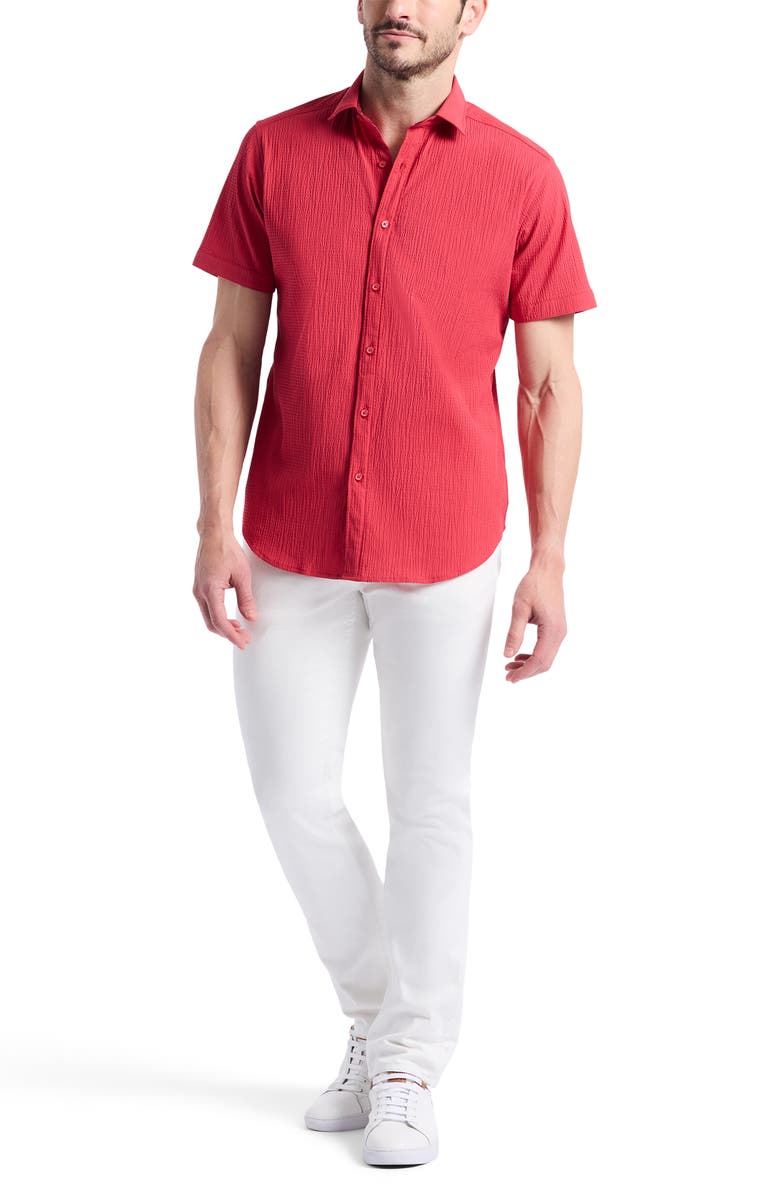Robert Graham Thresher Textured Short Sleeve Button-Up Shirt, Alternate, color, Red