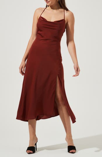 Astr The Label Cowl Neck Satin Midi Slipdress In Wine